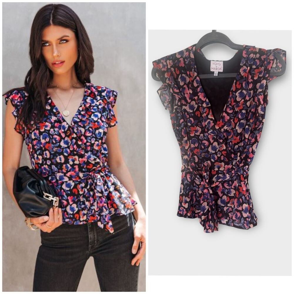 Koko + Mason floral peplum chiffon blouse with tie waist, size small